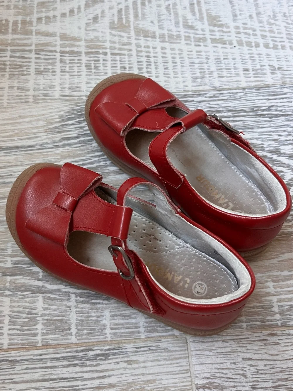 L’Amour Kids Red T-Strap Velcro Leather Shoes with Bow Accent Size 9